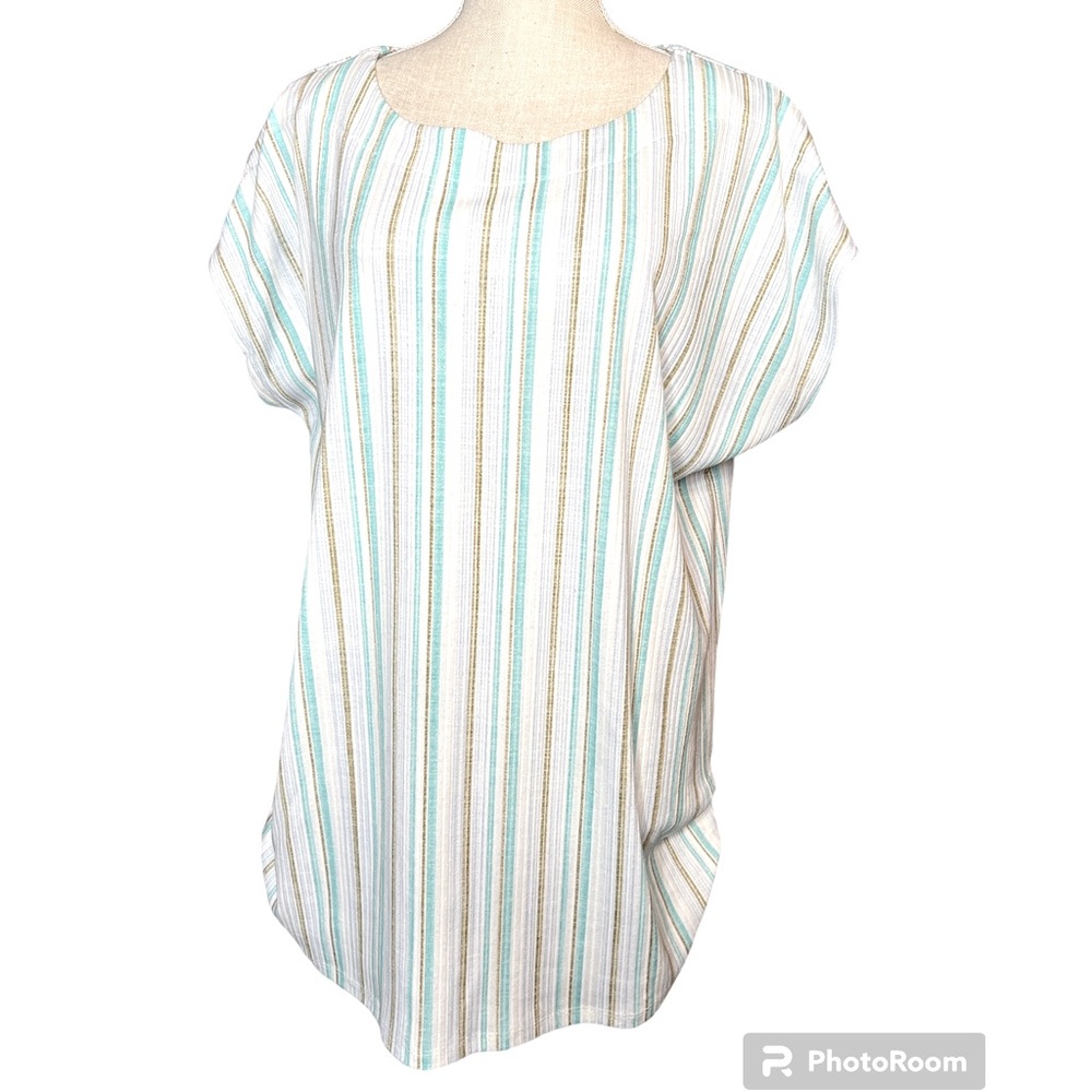 Cure Brand Cold Shoulder Blue, White, Tan Vertical Striped Shirt